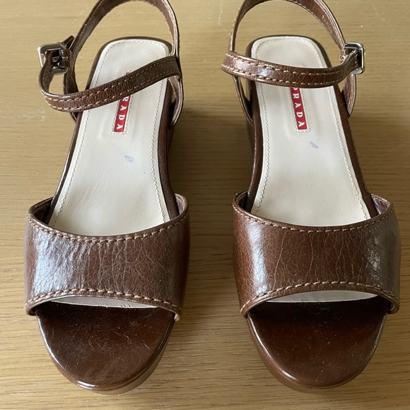 PRADA BROWN WEDGE SANDALS SIZE 37 - Picture 13 of 16